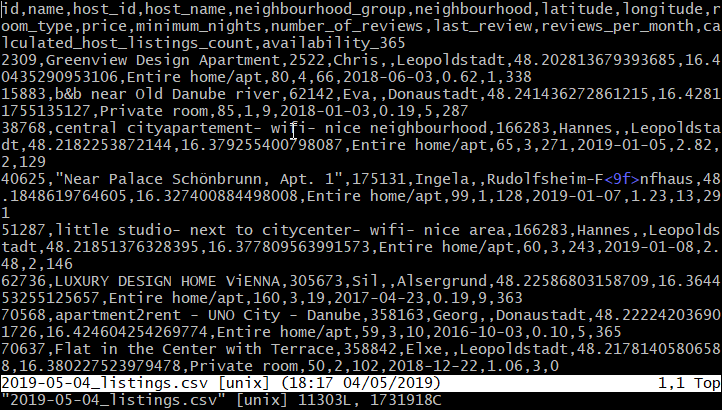 CSV ogled v OS:Windows10, VIM zagnan v GIT-bash